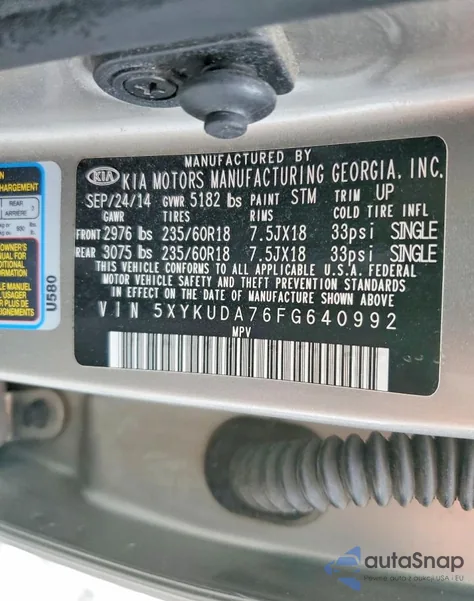 2015 Kia Sorento Ex from USA, damaged, VIN 5XYKUDA76FG640992